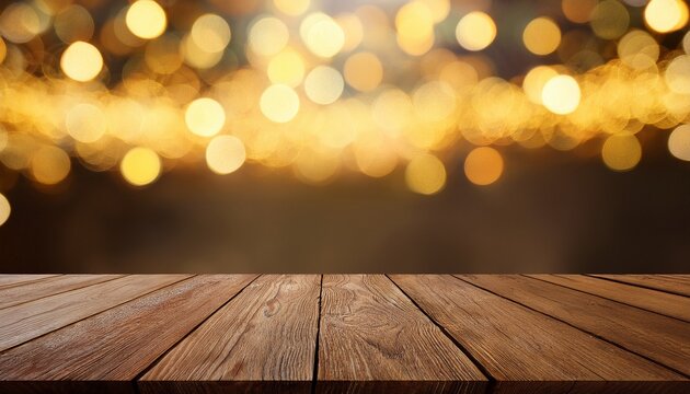 Rustic Barn Wood Board Table Surface Mockup Background With Gold Bokeh Lights
