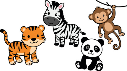 Obraz premium Cute cartoon wild animals set with tiger zebra monkey and panda
