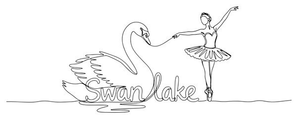 Swan Lake ballerina and graceful swan with lettering in continuous line art style © Logan