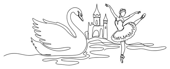 Swan Lake ballerina dancing near swan and fairytale castle in continuous line art style © Logan