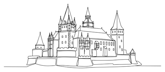 Obraz premium Medieval gothic castle with high towers and stone fortress walls in continuous line art style
