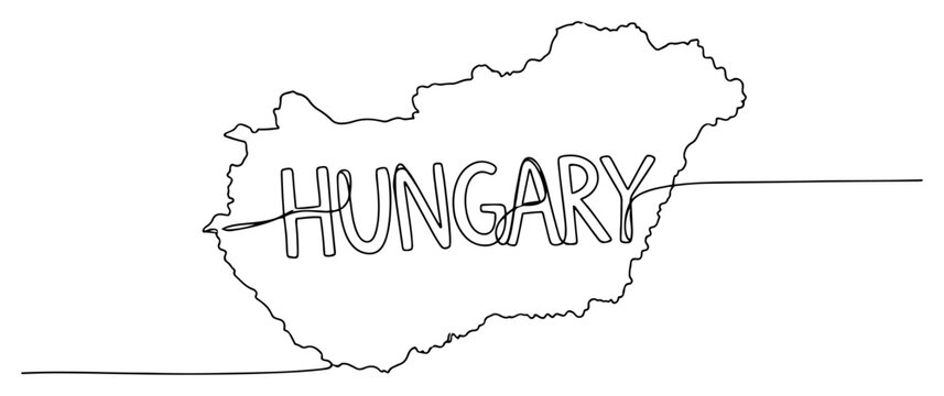 Hungary map silhouette with country name lettering in continuous line art style