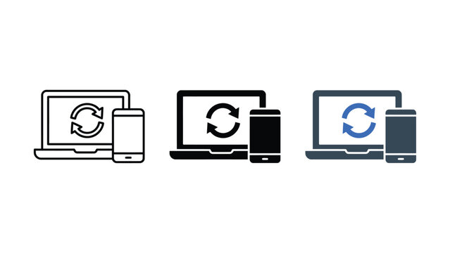 Laptop and smartphone syncing data transfer illustration with circular arrows