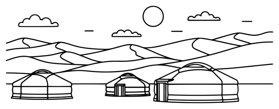 Traditional Mongolian yurts in nomadic steppe landscape continuous line art