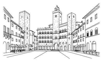 Obraz premium Medieval square of San Gimignano in Tuscany Italy continuous line art