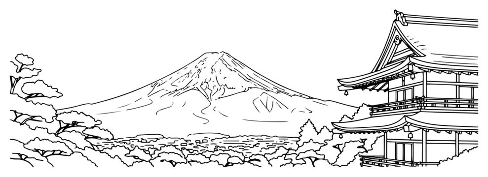 Mount Fuji with traditional Japanese temple pagoda in continuous line art style