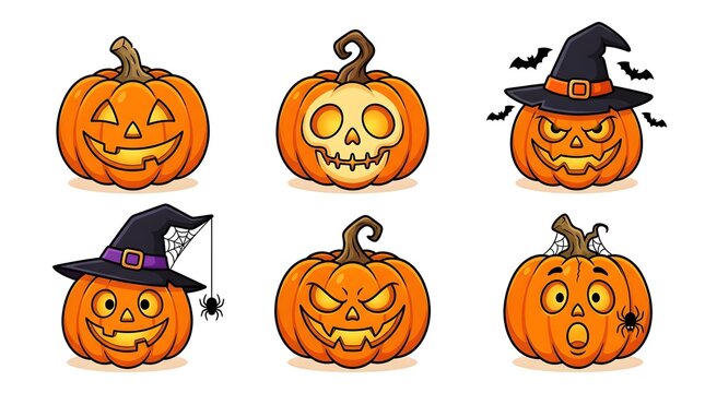 Halloween pumpkins with various spooky faces and hats