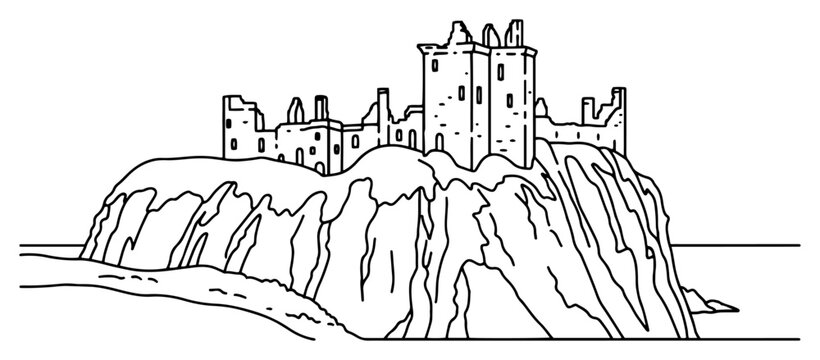 Dunnottar Castle medieval ruins on rocky cliff in continuous line art style