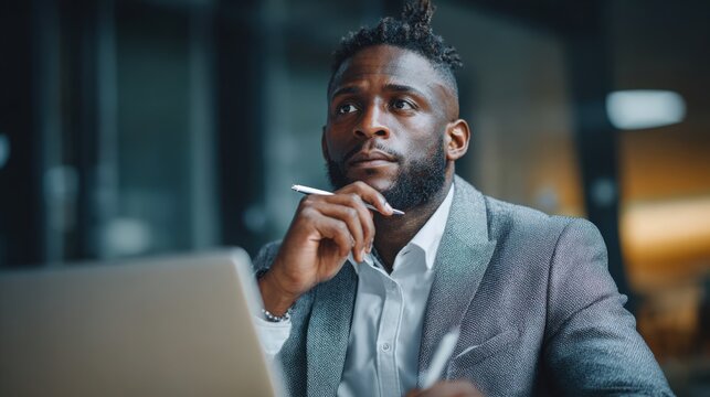 Thoughtful african american businessman looking at laptop screen with pen in hand