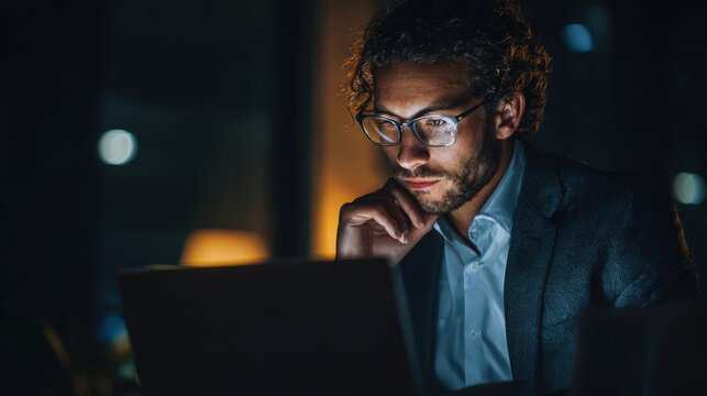 Man in glasses working late on laptop in dark room with blurred background lights