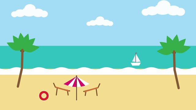 Summer beach vacation with palm trees, ocean and chairs