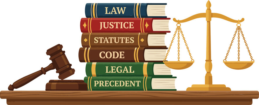 Law and Justice Vector Illustration Featuring Stacked Legal Books Wooden Judge Gavel and Golden Balance Scale for Lawyer Office and Courthouse Designs