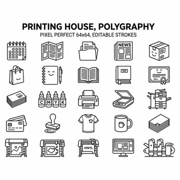 A comprehensive set of pixel-perfect line icons representing printing house services, polygraphy, and related office supplies and machinery, editable strokes.