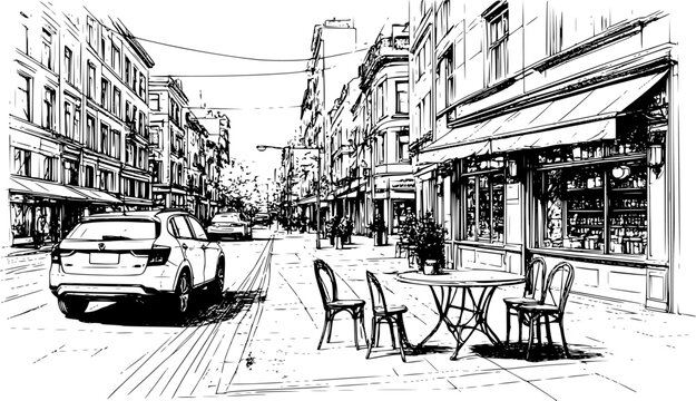 an outdoor cafe with tables. nearby there is a pedestrian crossing and cars, building facades and traffic lights. Vector illustration. , design of books and magazines, art objects, prints, posters