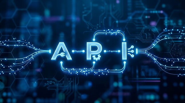 Glowing blue api text with digital circuit board connections and gear representing application programming interface and software development concept