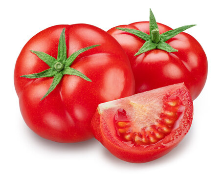 Ripe red tomatoes with a sliced piece isolated on a white background with clipping path.