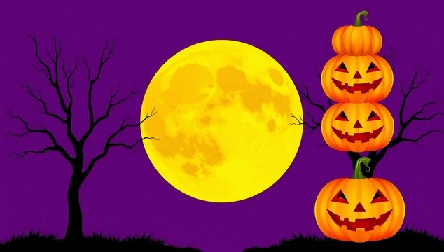 A stack of pumpkins with a full moon and a tree in a pixelated halloween scene
