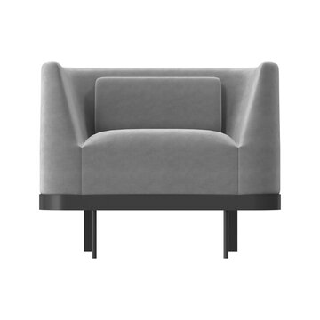 Modern gray velvet armchair with minimalist dark metal legs and a plush cushion