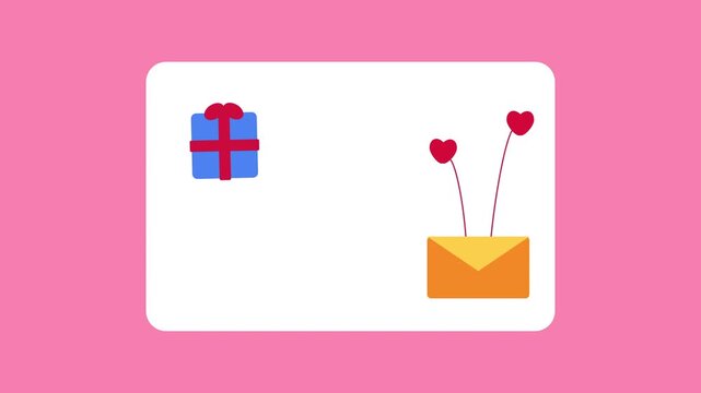 Valentines day animated card sending hearts from envelope with gift