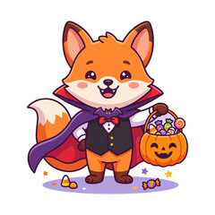 Fototapeta premium Cute Cartoon Fox Wearing a Vampire Costume Carrying a Halloween Trick or Treat Pumpkin Bucket Filled with Candies