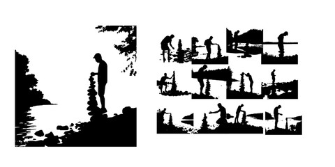 Obraz premium Man Stacking Stones By A River Silhouette