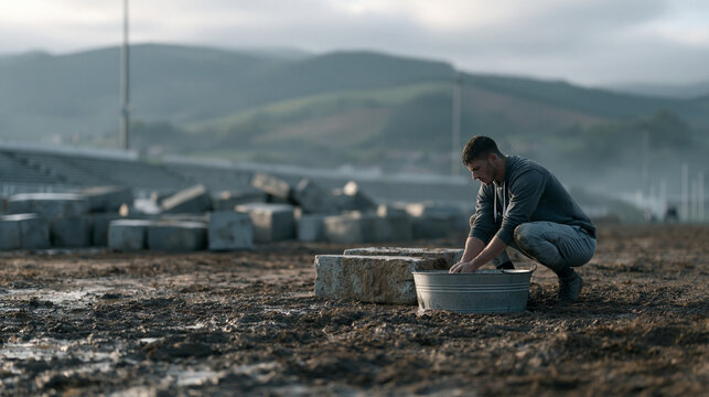 Muddy aftermath of a Basque rural sports festival, a wide establishing shot of toppled stone-lifting blocks and empty bleachers, a lone athlete washing hands at a tin basin,