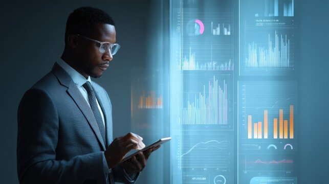 Businessman in suit looking at tablet and digital graphs on screen