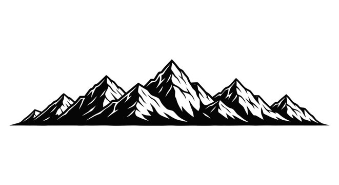 Vector illustration of black and white mountain range silhouette on a transparent background