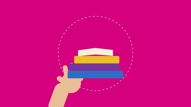 World book day celebration hand holding colorful books on pink background