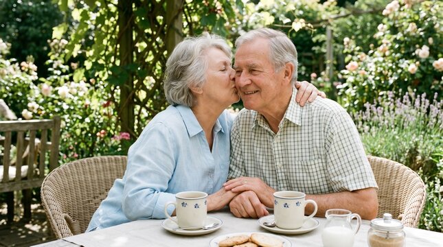  Gl&uuml;ckliches Seniorenpaar genie&szlig;t den Morgenkaffee im Garten. Liebevolle &auml;ltere Frau k&uuml;sst ihren Ehemann auf die Wange. Konzept f&uuml;r harmonischen Ruhestand und lange Ehe