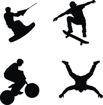 Extreme sports silhouette set featuring wakeboarding skateboarding bmx bike riding and skydiving action poses