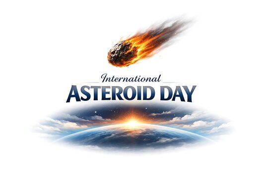 International asteroid day featuring a burning meteor falling towards earth with a glowing horizon and space clouds on white background