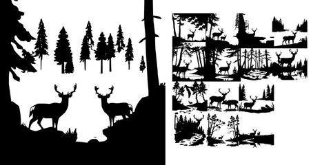 Fototapeta premium Pair Of Deer By A Forest Stream Silhouette