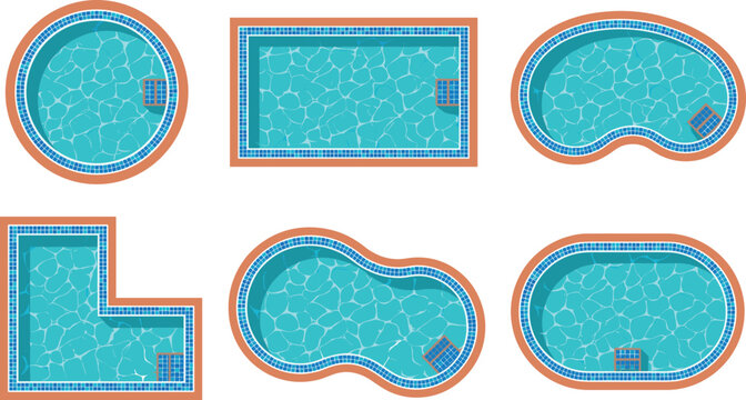 Swimming pool top view vector set with different shapes isolated on white background