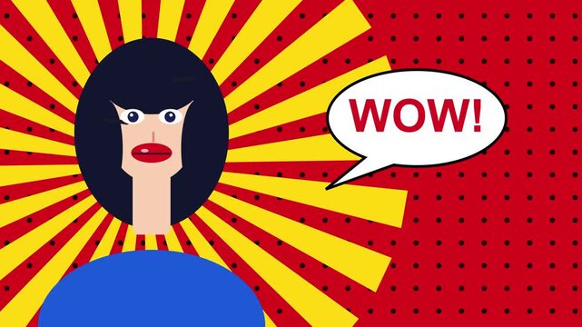 Pop art woman winks on red yellow background with wow speech bubble