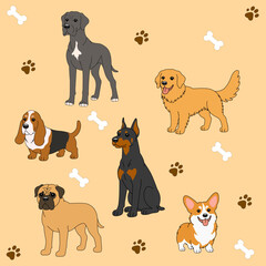 Naklejka premium Cute Dog Breeds Collection, Cartoon Pet Clipart Set with Isolated Elements