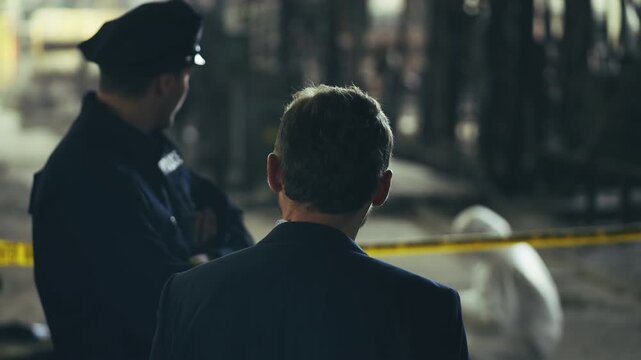 Police officer and detective discussing murder investigation at crime scene