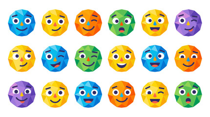 Naklejka premium Set of colorful low poly emoji faces with varied expressions