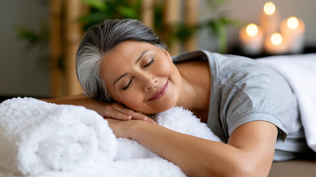 Relaxed mature woman enjoying spa massage with peaceful smile in calming wellness environment