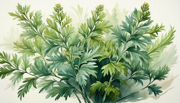detailed watercolor painting emphasizing the characteristics of wormwood