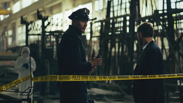 Middle-aged detective and police officer discussing crime scene investigation