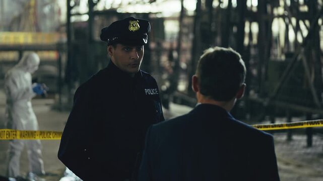 Police officer discussing murder evidence with detective at industrial plant