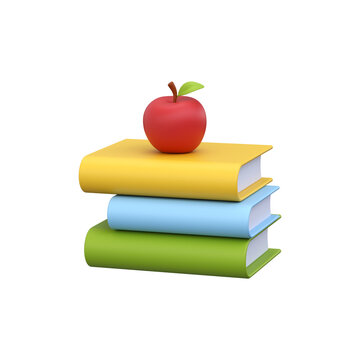 3D illustration of a stack of school books with an apple for education and classroom concepts.
