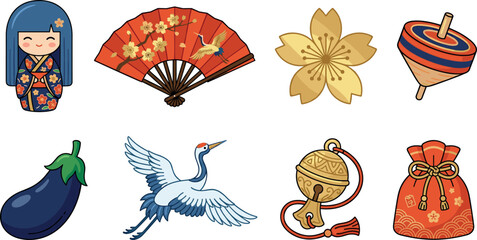 Naklejka premium Traditional Japanese New Year luck symbols and culture elements vector collection isolated on white