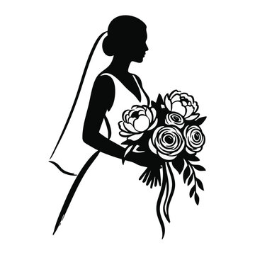 Bride holding a bouquet with peonies and ranunculus. Wedding silhouette vector illustration. Floral bridal graphic isolated
