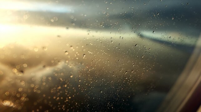 Raindrops cling to a glass plane window, obscuring a cloudy sunset and aircraft wing