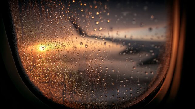 Dewy window frames a sunrise view beyond a wing. The scene is illuminated in golden hues as the plane soars