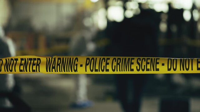 Police investigation area secured with yellow tape inside metal factory