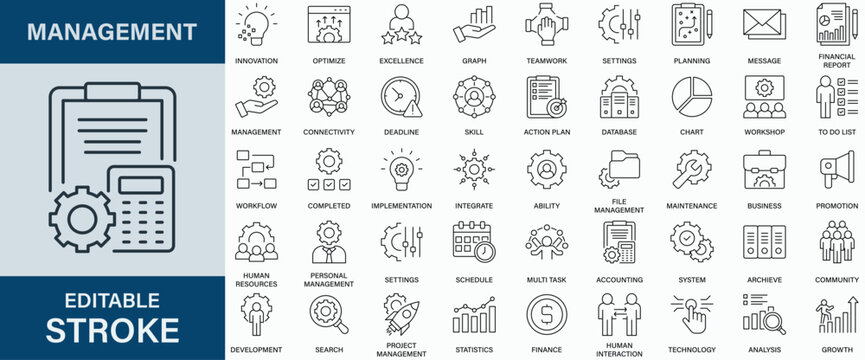 Management icon collection set. Editable stroke.