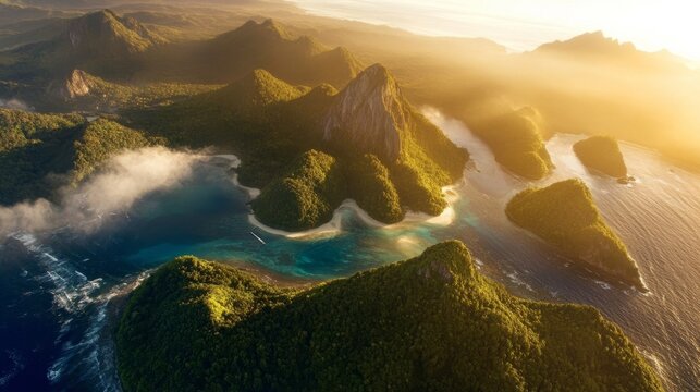 Majestic aerial view of a lush green island chain surrounded by turquoise ocean waters at sunrise